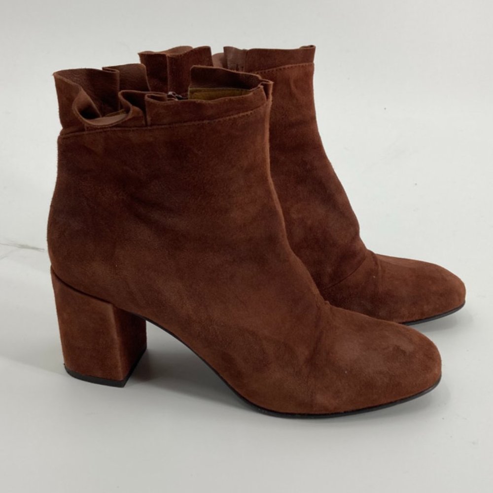 Coclico Brown Rust Colored Suede Ruffle Ankle Booties